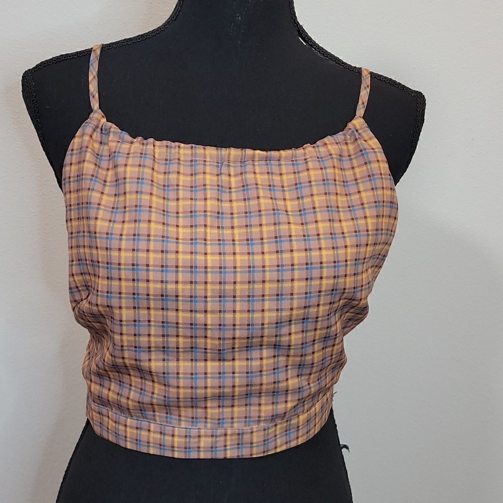 NWT Wild Honey Plaid Brown, blue, yellow halter top- medium